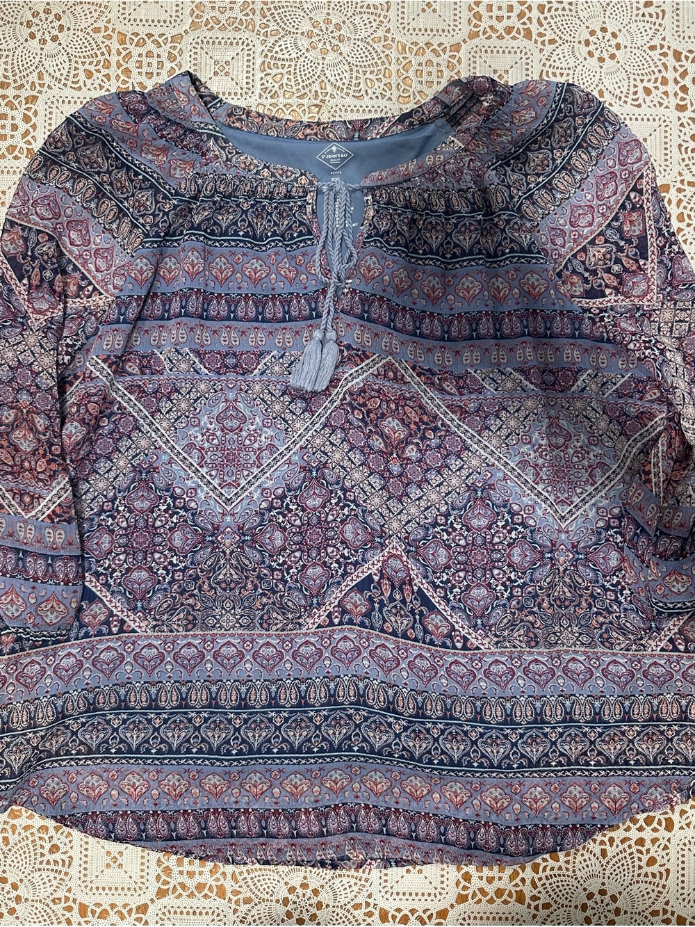 St. John’s Bay Petite PXL Blue Paisley Boho Tassel 3/4 Sleeve Blouse